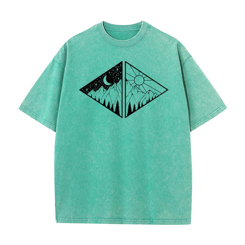 Rectangular Black Mountain Pure Cotton Men Tops  Tees Vintage Mother Day Retro Washed T Shirts Loose Round Neck Washed T Shirts