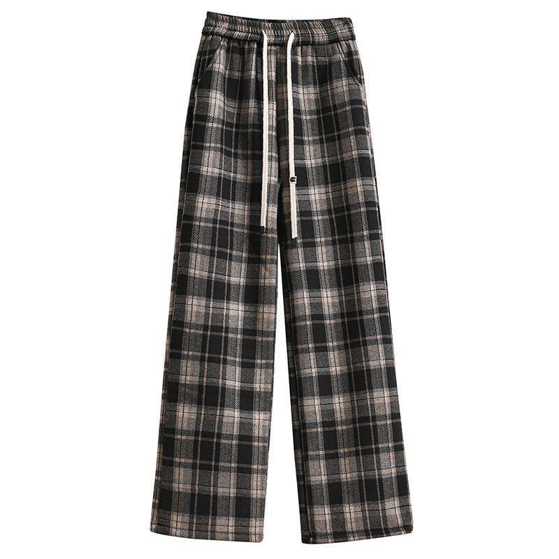 Plus Size High-Waisted Plaid Wide-Leg Pants: Fleece-Lined or Unlined, Autumn/Winter Edition