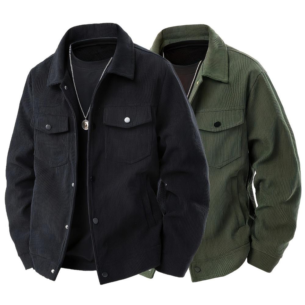 Men's Multicolor Corduroy Work Jacket Casual Outerwear Turn- Collar and Flap Pockets for Office Windproof Coats