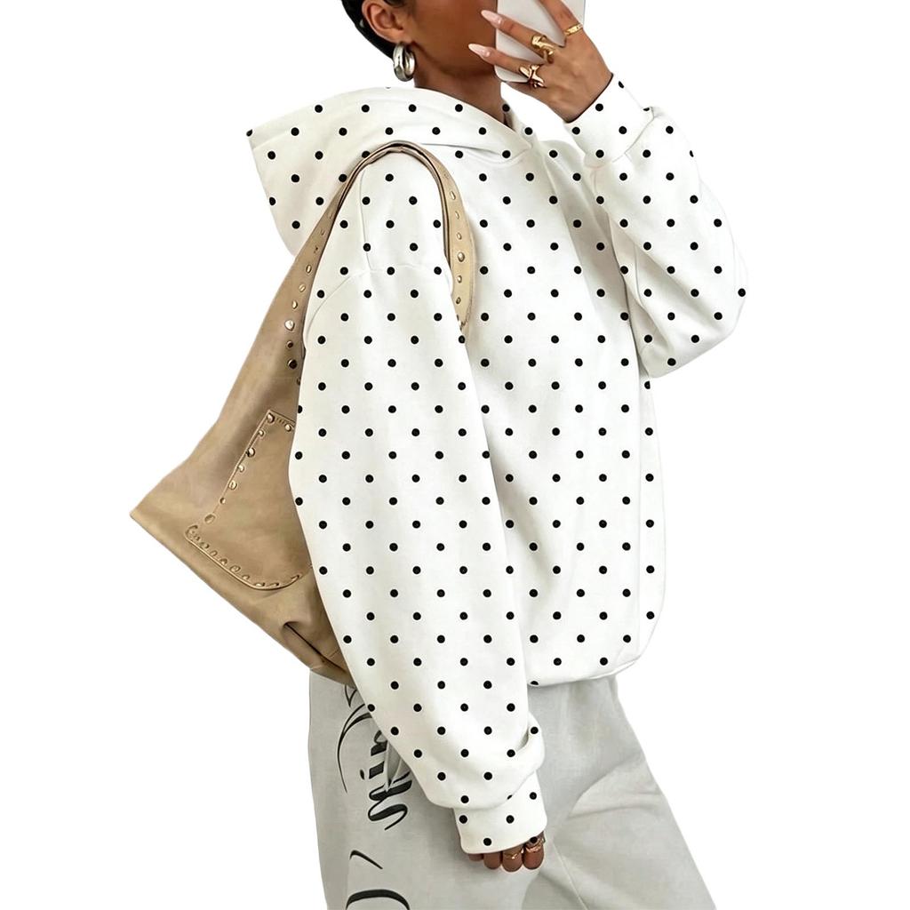 Felpa con cappuccio da donna a pois, vestibilità ampia, top casual a pullover