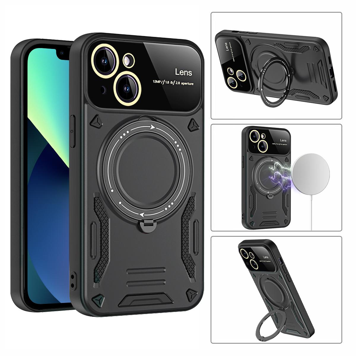 

For iPhone 13 Phone Case Compatible with MagSafe PC+TPU Cover Rotary Kickstand Black