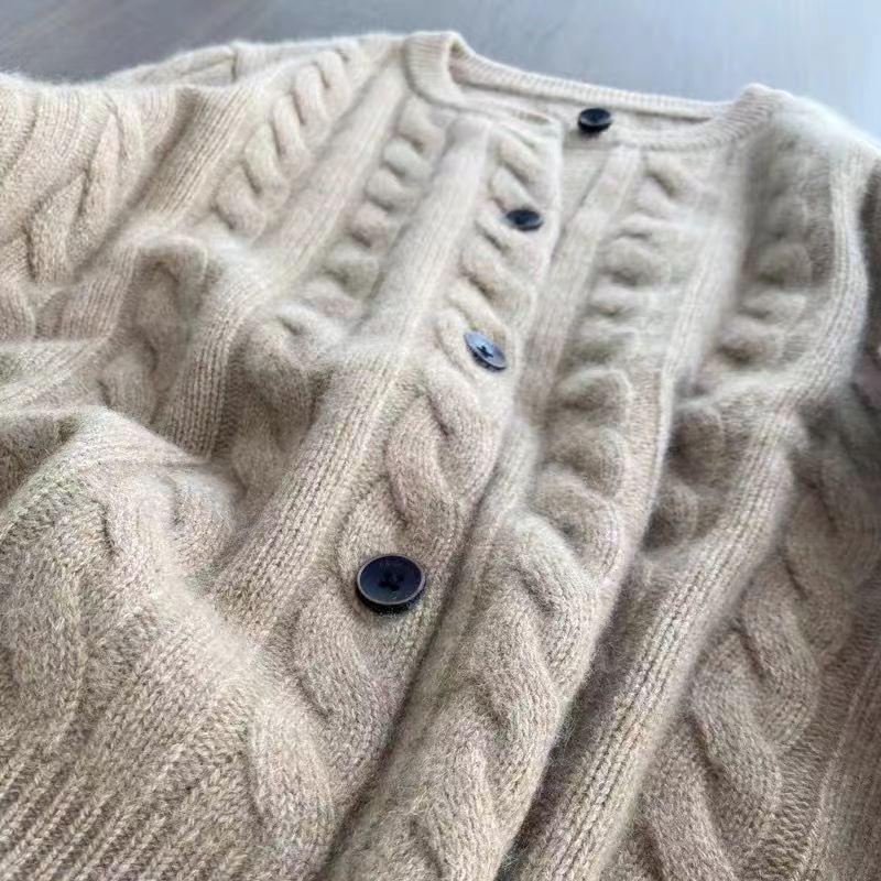 Women's Wool Cardigan - Round Neck, Thick, Cable Knit Sweater for Autumn and Winter
