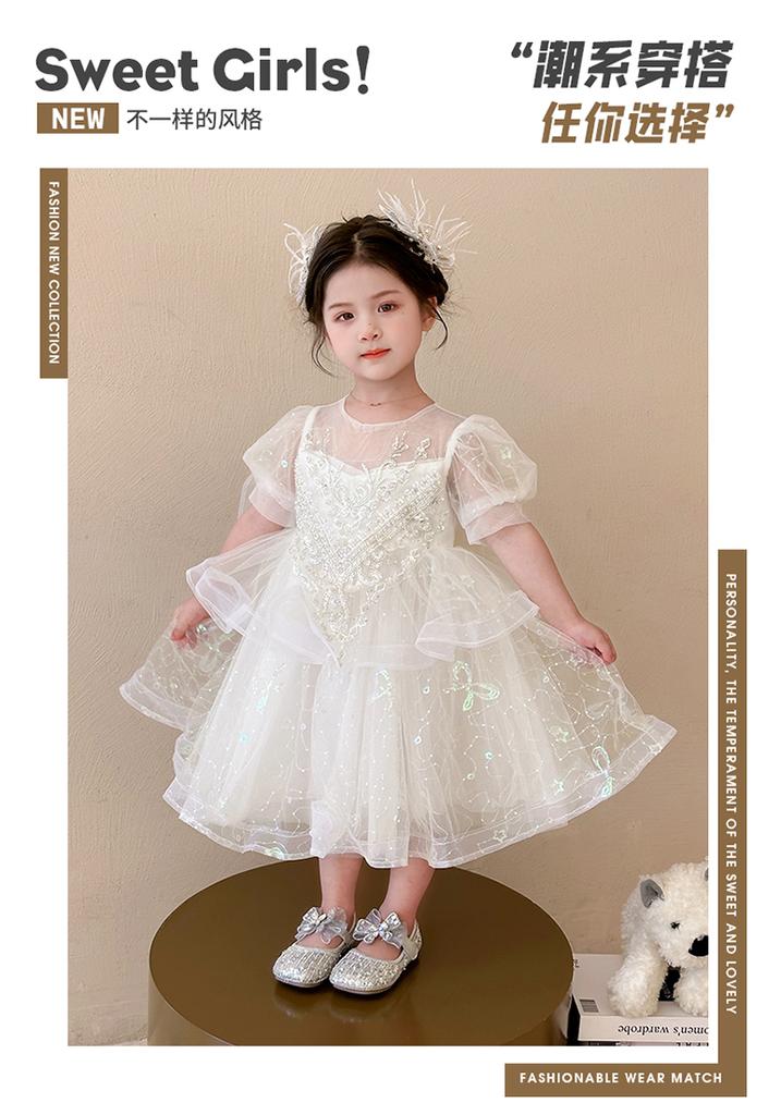 Girls' Dress, Summer New Style, High-end and Western-style, Children's White Birthday Dress, Princess Dress