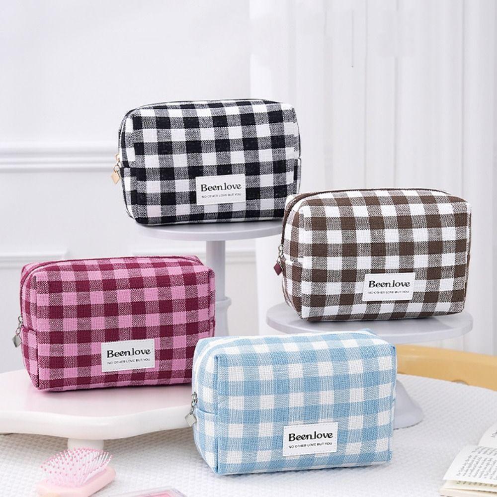 Portable Lattice Plaid Cosmetic Bag Large Capacity Zipper Makeup Pouch Polyester Waterproof Travel Wash Bag Trips