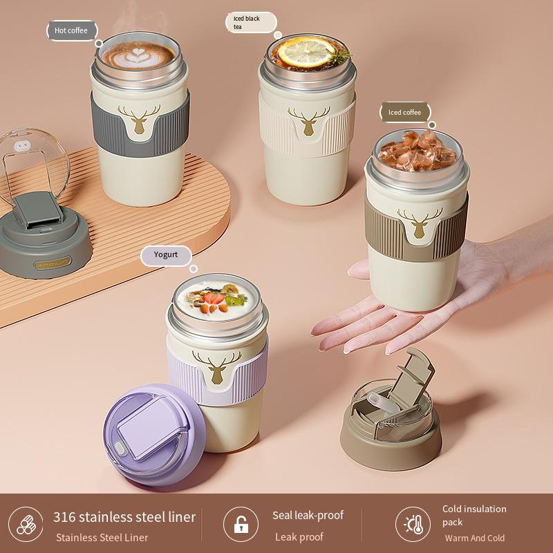 1PC Stainless Steel Coffee Cup Accompanying Cup Girls Thermos Cup High Value Straw Student Thermos Cup