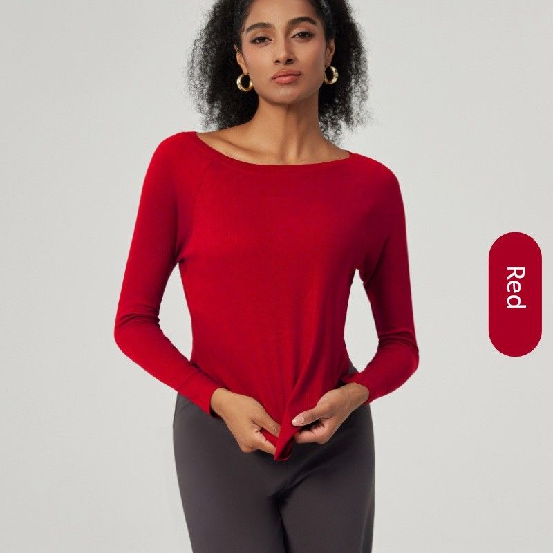 and American Style Sports T-Shirt for Women, Long-Sleeve, Round Neck, Naked-Feel Fitness Wear, Yoga Top, Loose and Sexy Off-Shoulder Sports Top Red S