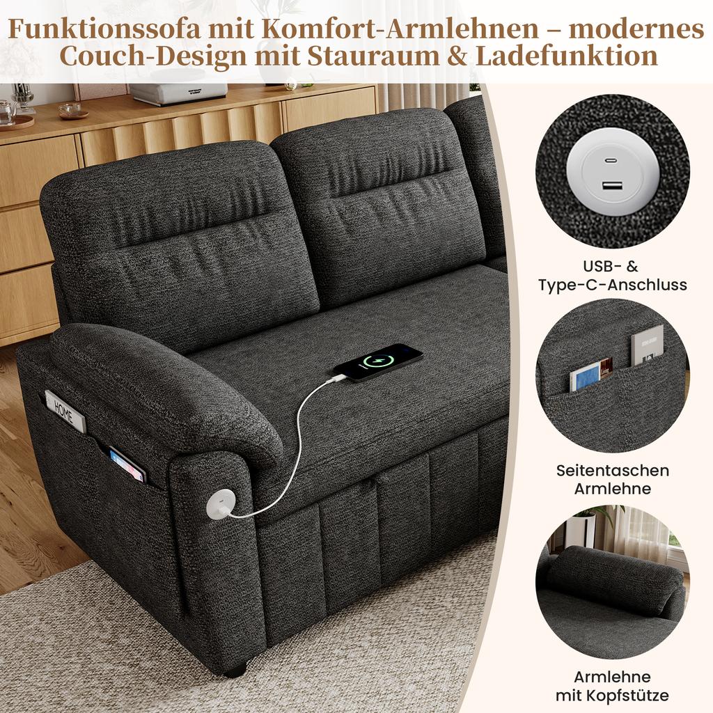 L-förmiges Ecksofa mit links/rechts ausziehbarer Ottomane, Schlaffunktion, Stauraum in der Ottomane, USB/Typ-C-Panel, Chenille-Stoff, Grau.