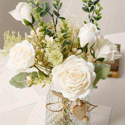 2 Bunches Artificial Bouquet Flower Arrangement Simulation White Rose Decoration for Pastoral Style Floral Scene Layout Home Wedding Flowers White
