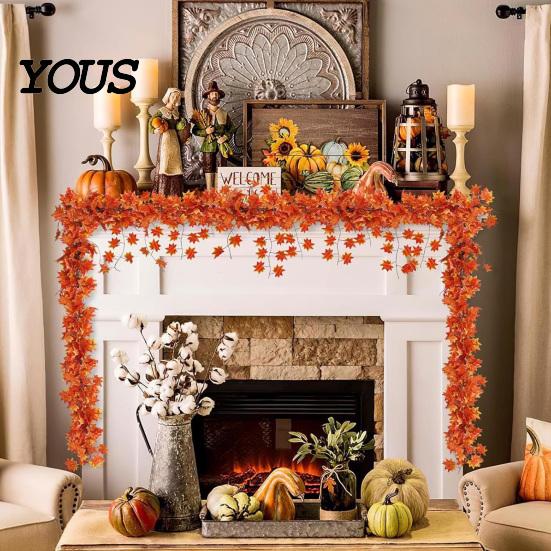 Orange Red Autumn Leaf Decor Artificial Maple Garland, Hanging Plant Fake Fall Wall Rattan, Gradient Leaves for Thanksgiving Home Foliage Vines