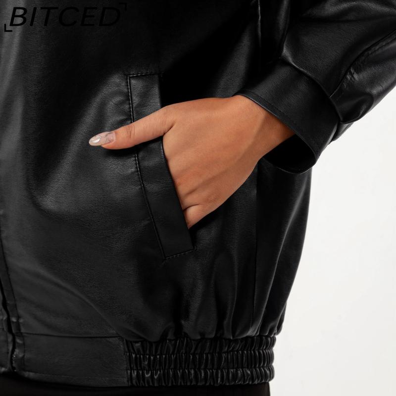BITCED Fashionable Oversized Leather Jacket for Women Long-Sleeve Collared Spring/Fall Coat