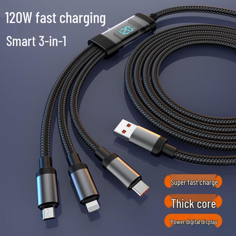 120W Super Fast Charging 3-in-1 Cable with Digital Display for Apple, Huawei, OPPO