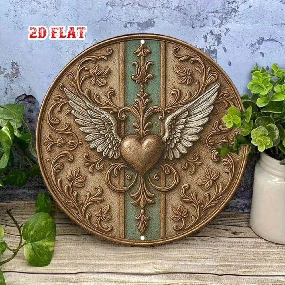 Metal Poster Round Aluminum Sign 2D Vintage Metal Wall Art Heart Wings for Living Room