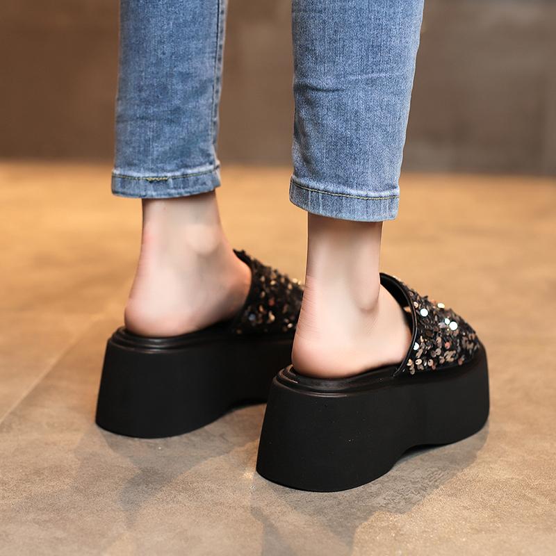 Fashion High Platform Flip-Flops Women's Summer Casual Slippers Crystal 8CM Wedge Slides Bling Chunky Sandals Open Toed Beach Slippers