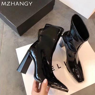 Damen Leder High Heels Stiefeletten Sexy Klobig Elegant Schuhe Frau 2025 Trend Schnee Chelsea Boots Mode Neu Winter Mujer Botas