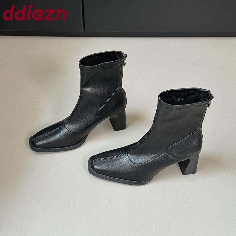 Fashion Female 6CM Heels Footwear Ladies Ankle Modern Boots Square Toe Fashion Zippers Women Stretch Short Boots Pumps Shoes New