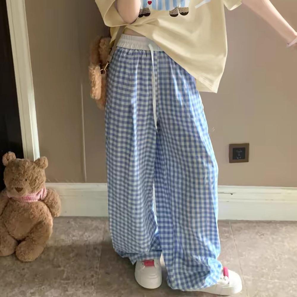 Petite Pink Plaid High Waist Wide Leg Summer Trousers for Women