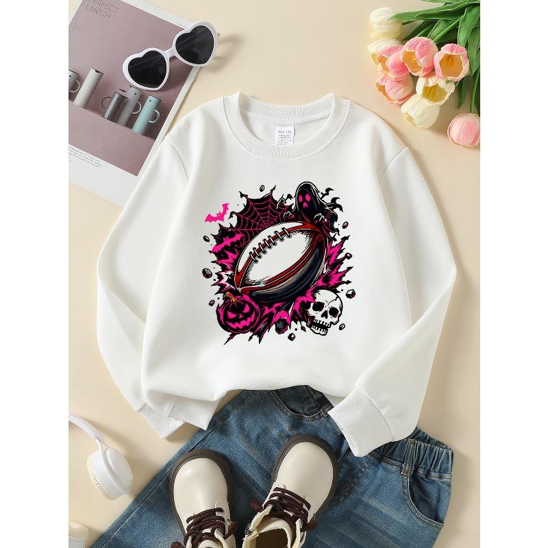 Girls' Long-Sleeve Round Neck Sweatshirt with Printed Design, Halloween Football Style for Spring And Autumn, Fashionable And Casual