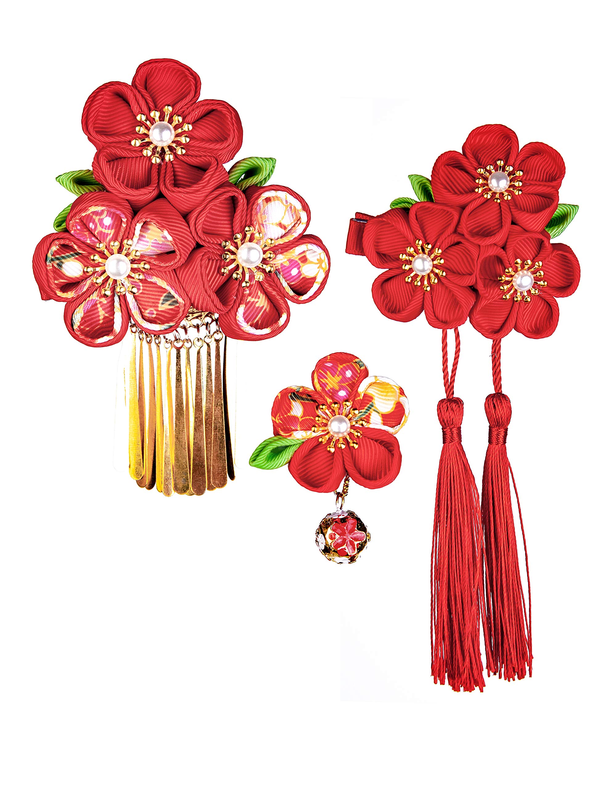 

JZOON Hair Ornament Perfect for and Other Traditional Japanese and Handmade with Flowers and Red A 15 3-Piece Set, Coming-of-Age Ceremonies,