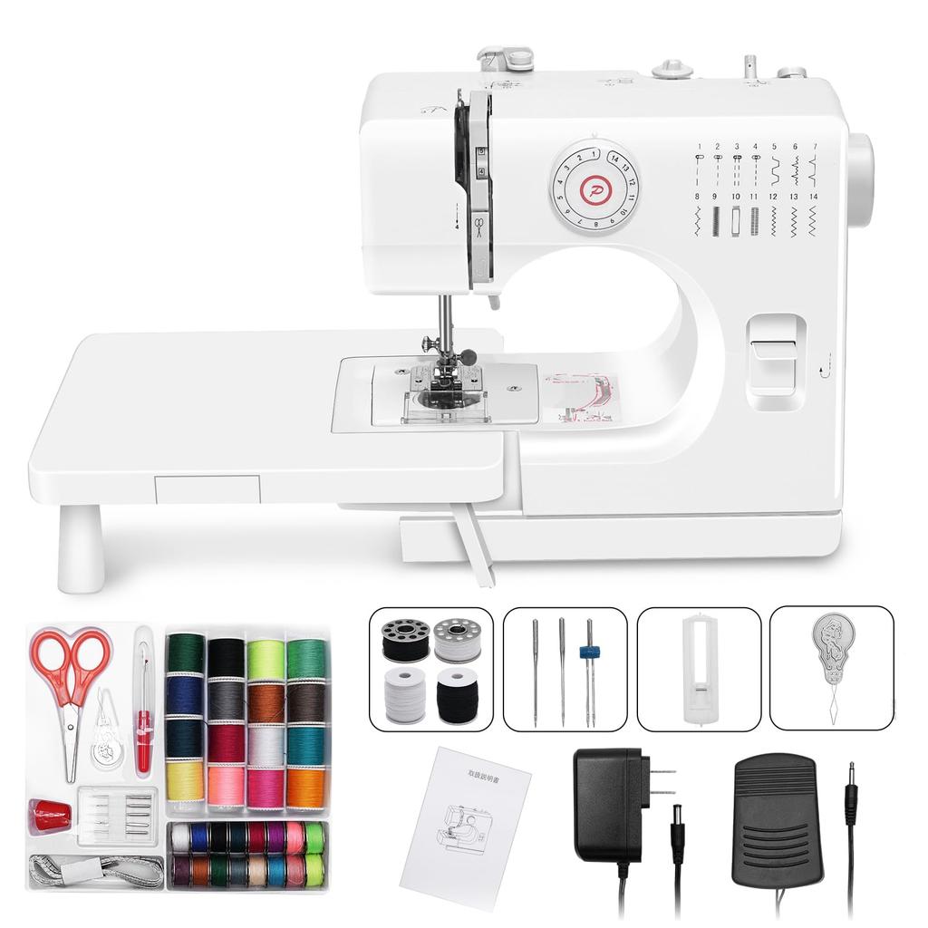 Electric Sewing Machine for Beginners: 14 Stitch Types, Reverse Stitch Function, 2-Way Power Supply, Adjustable Speed, 42 Sewing Accessories, Japanese