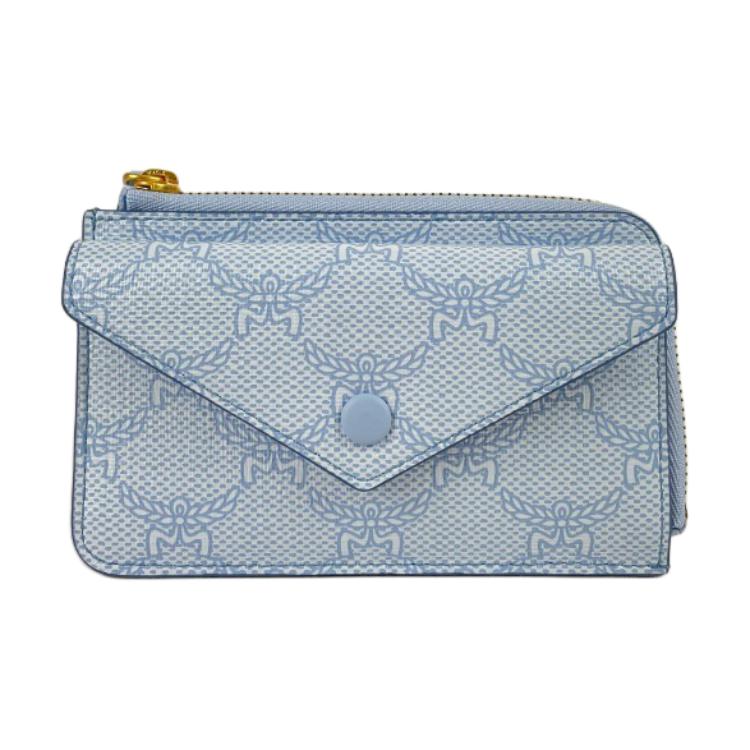 MCM Mini Card Holder Wallet Light Blue Visetos Monogram Leather Zip Pouch for Daily Commute Shopping MYAESAC05E3001 Basic Set BagDust Bag 15890₽
