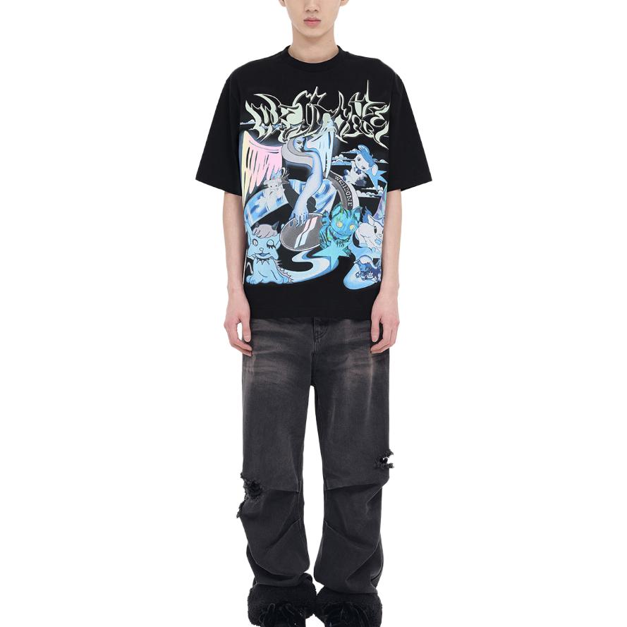We11done Angel Cartoon Print Round Neck Short Sleeve T-Shirt Men Tops Black WD-TT3-23-786-U-BK