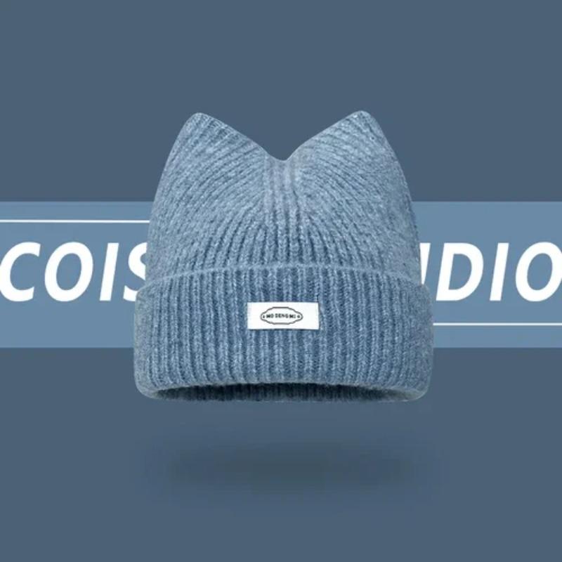 Korean Version New Cute Cat Ear Letter Patch Knitted Hat Women's Autumn and Winter Thickened Warm Versatile Simple Beanie Cap