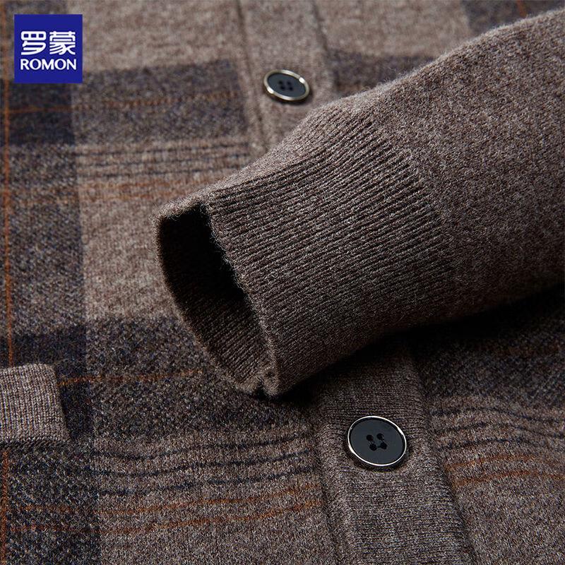 ROMON Men's 100% Merino Wool Plaid Thickened Cardigan