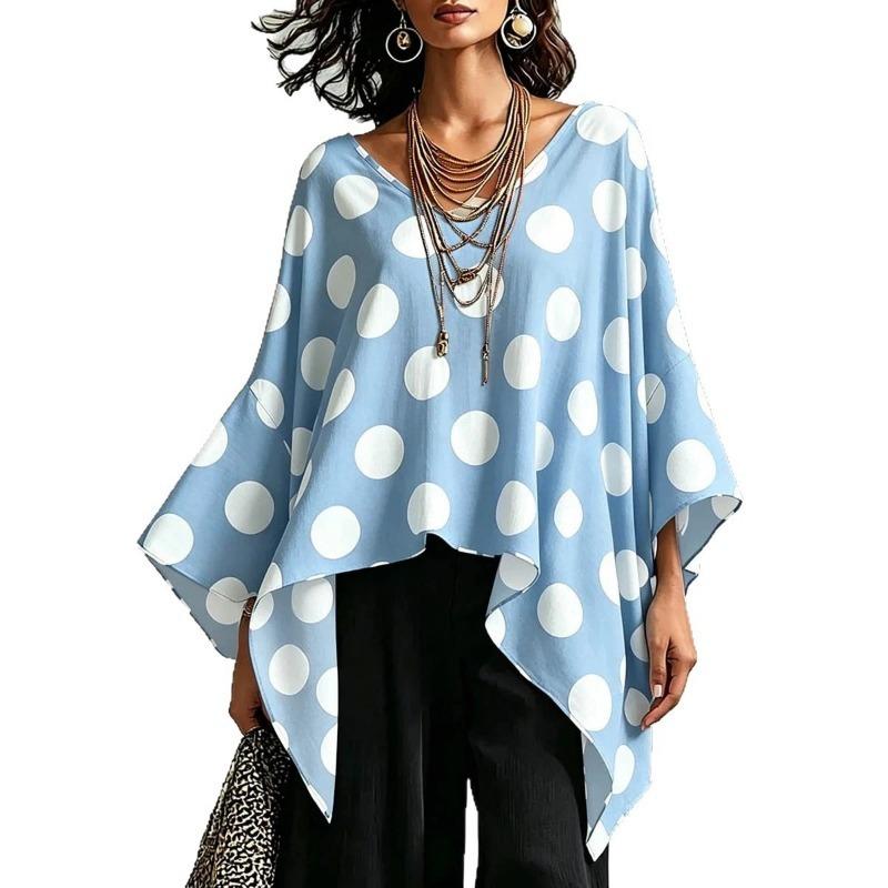 Women Polka Dot Print V Neck Patchwork Loose Casual Blouse Top