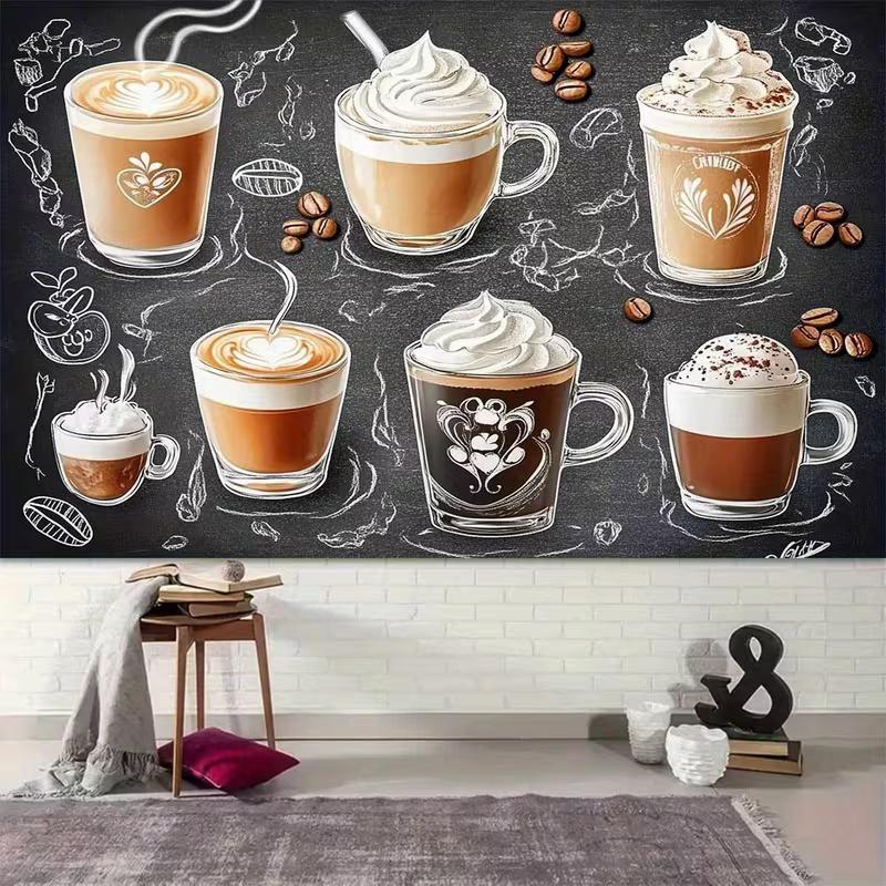 Rustic Coffee Art Tapestry, Assorted Lattes, Cappuccinos and Mocha Drinks with Chalkboard Sketches, Cozy Cafe Wall Art