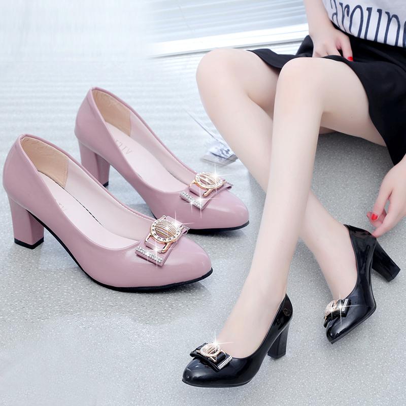 Fashion New Style Low-top Women's Shoes Soft Leather High-heeled Boots Thick Platform Drill Bow Work Leather Shoes Party Wedding Shoes
