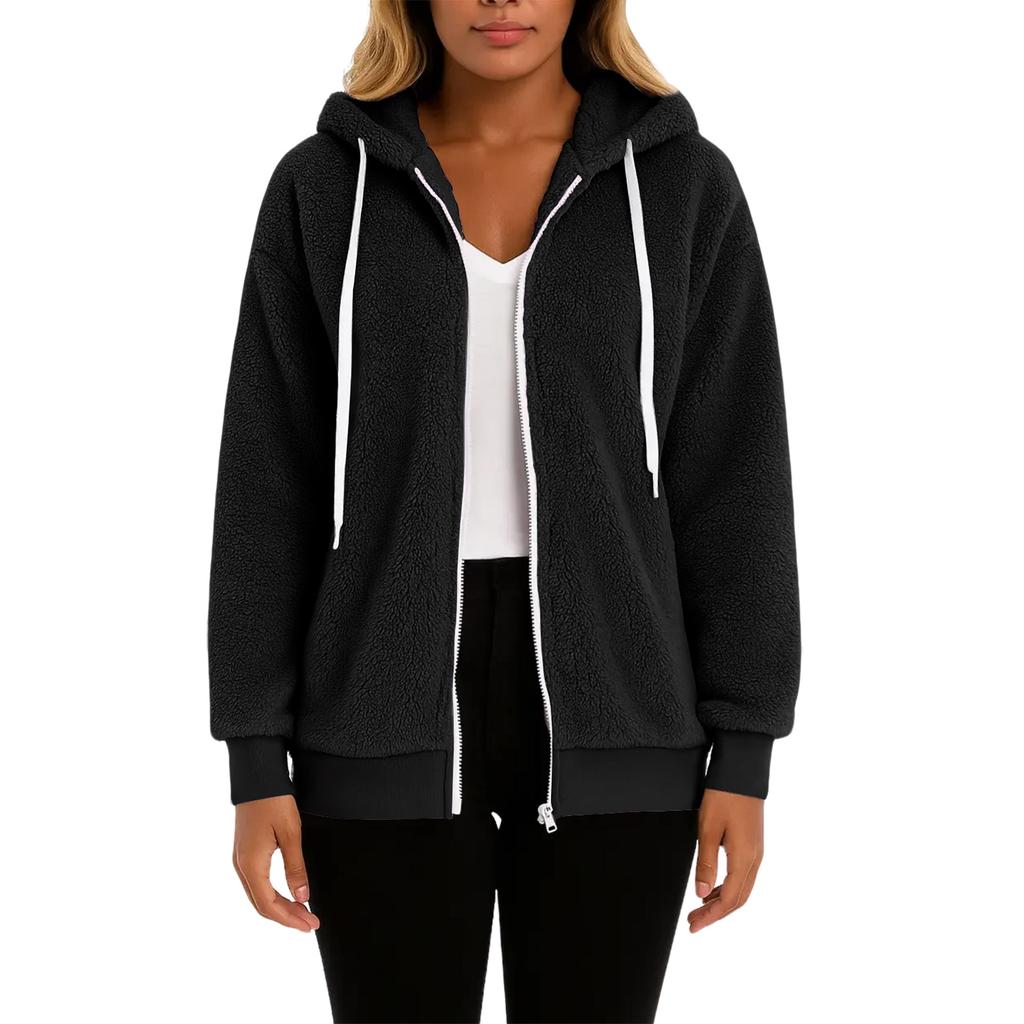 Women's Fashionable Plush Zipper Solid Color Pocket Hooded Long Sleeved Loose Warm Jacket