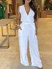 2024 Spring Women's Solid V-Neck Sleeveless Tie-Waist High-Waist Wide-Leg Jumpsuit