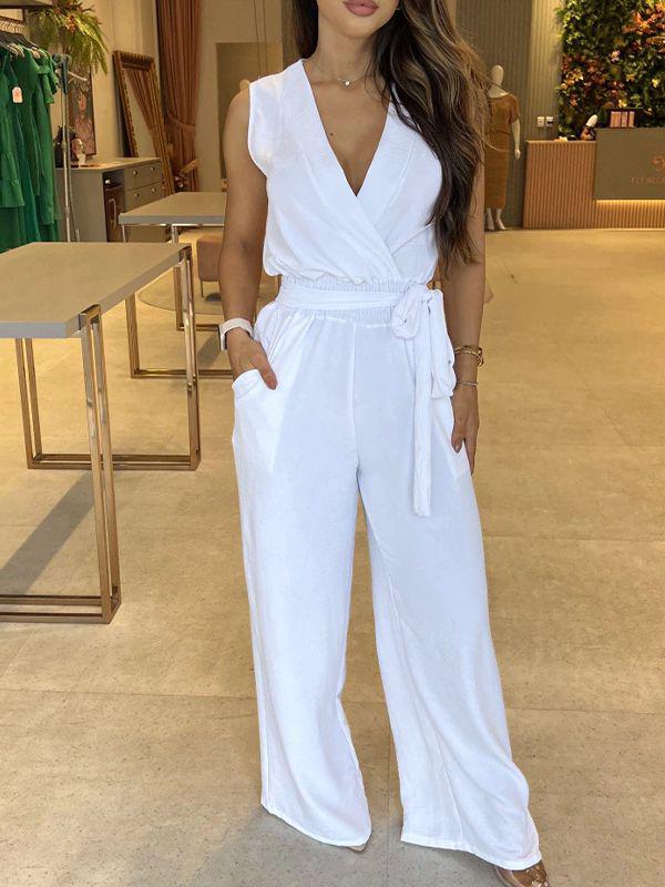 2024 Spring Women's Solid V-Neck Sleeveless Tie-Waist High-Waist Wide-Leg Jumpsuit