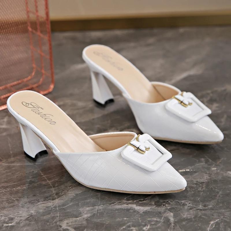 Ladies Shoes 2024 Butterfly Pointed Toe Women's Brown Slippers Dress Office Slip on Ladies Heeled Shoes Thin Heel Female Mules