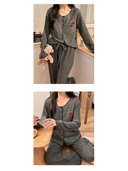 Cherry Cardigan Pajama Set: Women's Drawstring Fleece with Chest Pad - Korean-Style, Long Sleeve, Two-Piece Homewear.