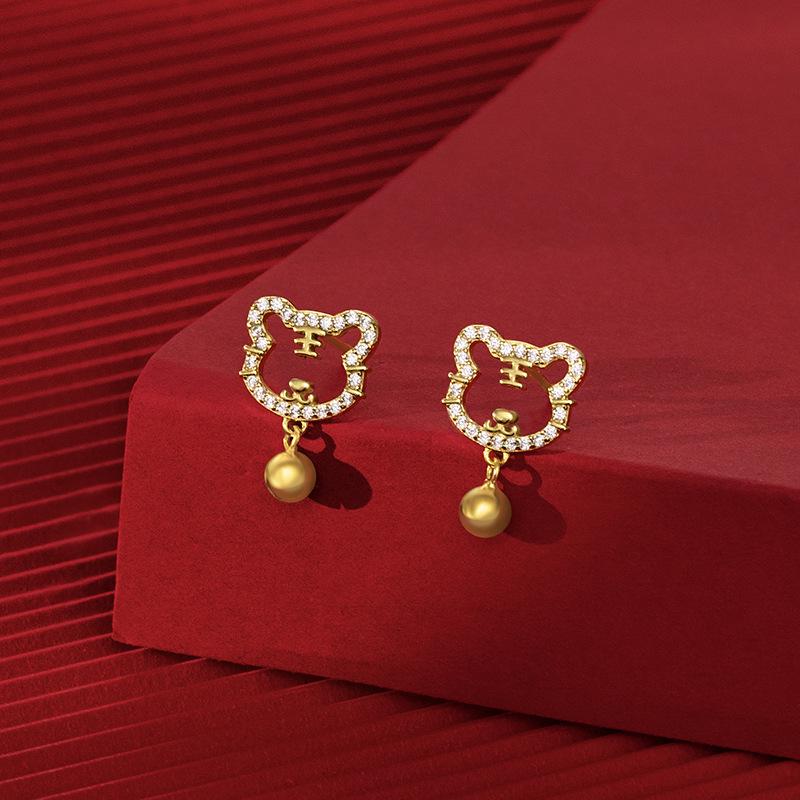 S925 Silver Zodiac Tiger Earrings for Women - Japanese and Korean Style with Bells and Diamonds
