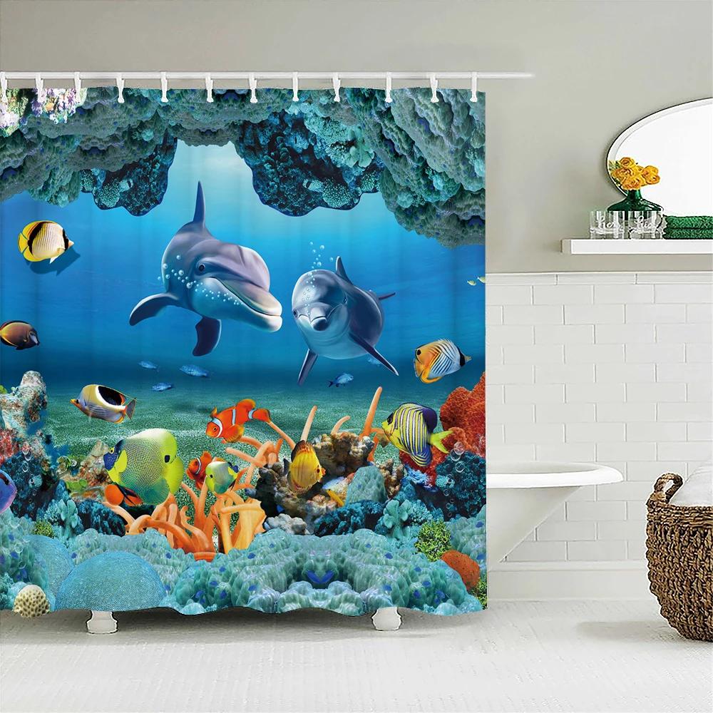 Underwater World Fish Turtle 3d Shower Curtains Ocean Dolphin Sea Scenery Fabric Waterproof Bath Curtain Bathroom Decor Screen