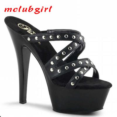 Women's Shoes Double Row Rivet High Heel Sandals Walk Show Thin Heel Nightclub Dance Shoes 15cm Heel 5cm Platform YKC