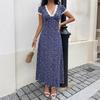 Damenmode Sommer Frühling Blumenmuster Druck Kurzarm V-Ausschnitt Hohe Taille Freizeitkleider