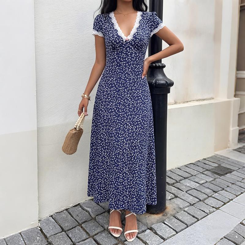 Damenmode Sommer Frühling Blumenmuster Druck Kurzarm V-Ausschnitt Hohe Taille Freizeitkleider