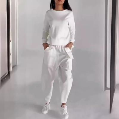 2 Pcs/Set Women Top Pants Set Long Sleeves O Neck T-shirt Elastic Waist Ankle-banded Trousers with Big Pockets OL Commuting Sport Pantsuit Outfit