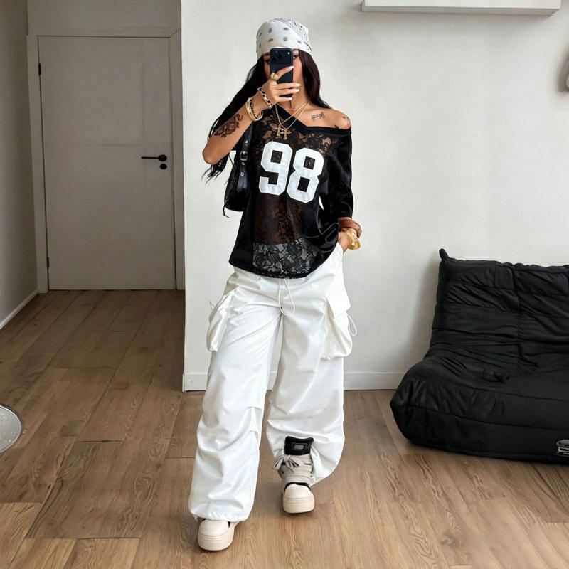 2026 New Printed Loose Casual Street Style See-through Sexy Lace Patchwork Short Sleeve T-shirt