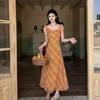 French Retro Atmosphere Super White Orange Plaid Suspender Dress Women's Summer New Waist and Thin Medium and Long Dress