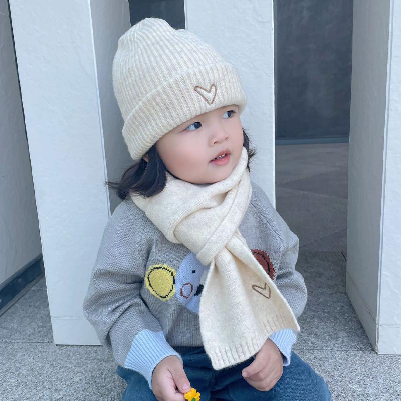 Children'S Hat And Scarf Two-Piece Set Autumn And Winter Korean Style Knitted Hat Baby Warm Wool Pullover Hat Scarf