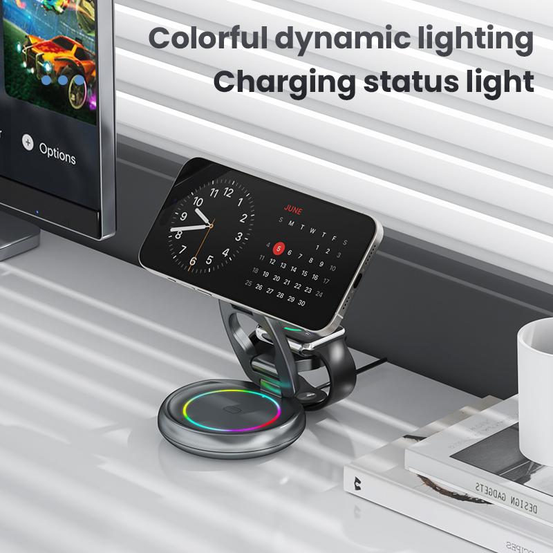 4 in 1 Foldable Magnetic 15W Wireless Charger Station with LED Ambient Light for iPhone 15 14 13 Pro/Max/Plus and Apple Watch