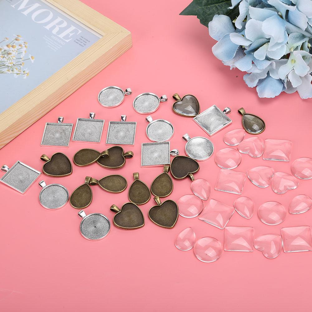 48pcs Metal Round DropShaped Pendant Base Tray Glass Domes Jewelry DIY Tool Accessory