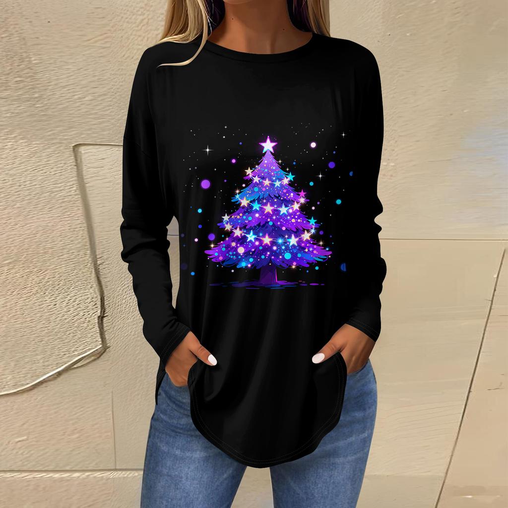 Dames Losse Comfortabele Casual Mode V-Hals Kerstprint Lange Mouw Hoodie