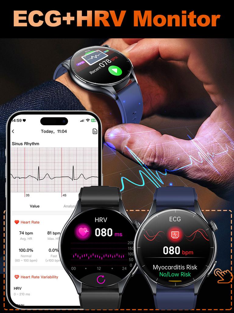 SACOSDING Men Smart Watch 1.56 inch AMOLED HD Screen Led Flashlight BT Calling ECG Health Monitoring Sports Fitness Tracker Women Smartwatch