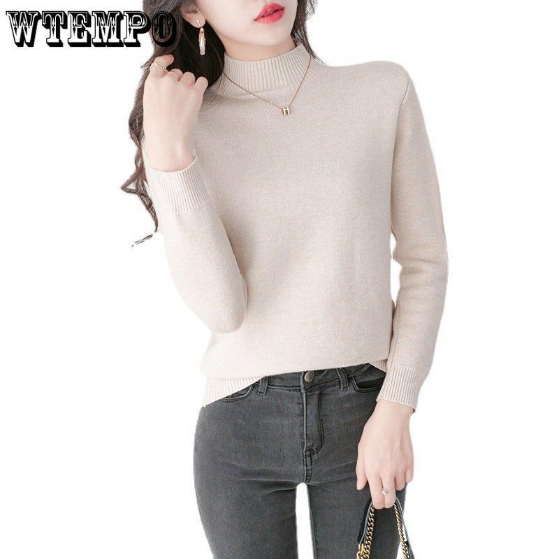 Women Winter Plus Velvet Warm Sweaters Solid Casual Fleece Lined Jumpers Korean Half High Collar Slim Thick Knitted Pullovers