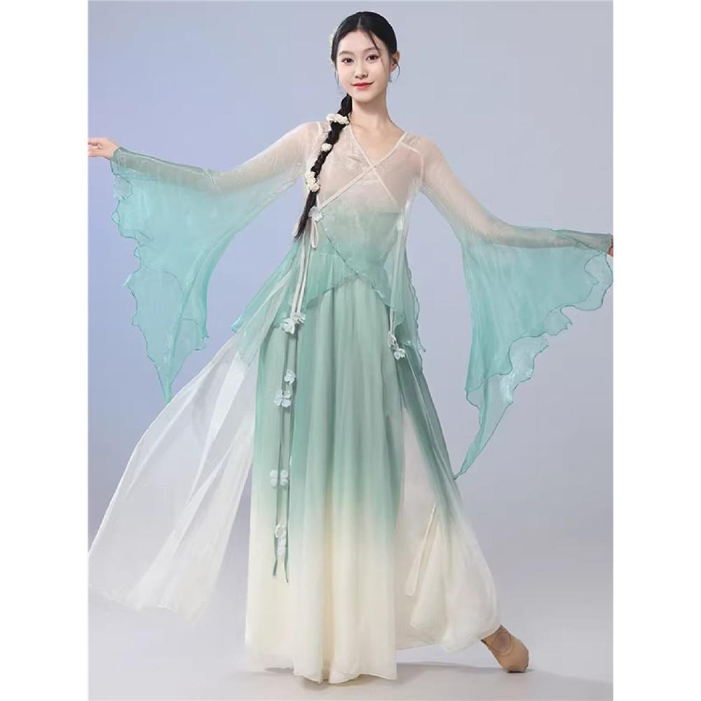 Women's Gradient Big Sleeve Chinese Classical Dance Set, Flowy Big Swing Chiffon Skirt Performance Wear
